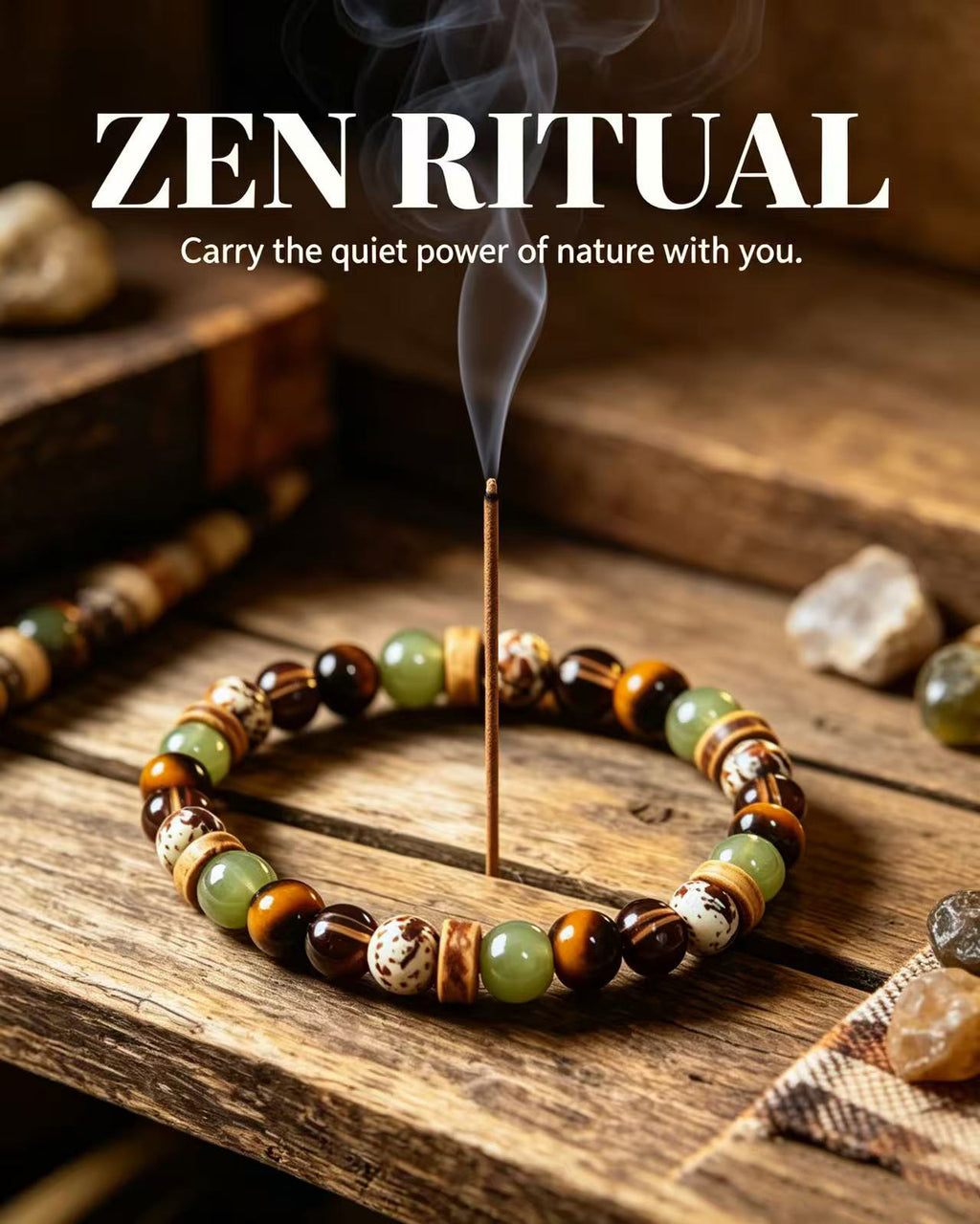 Handmade natural stone zen bracelet for meditation, oriental mindful jewelry