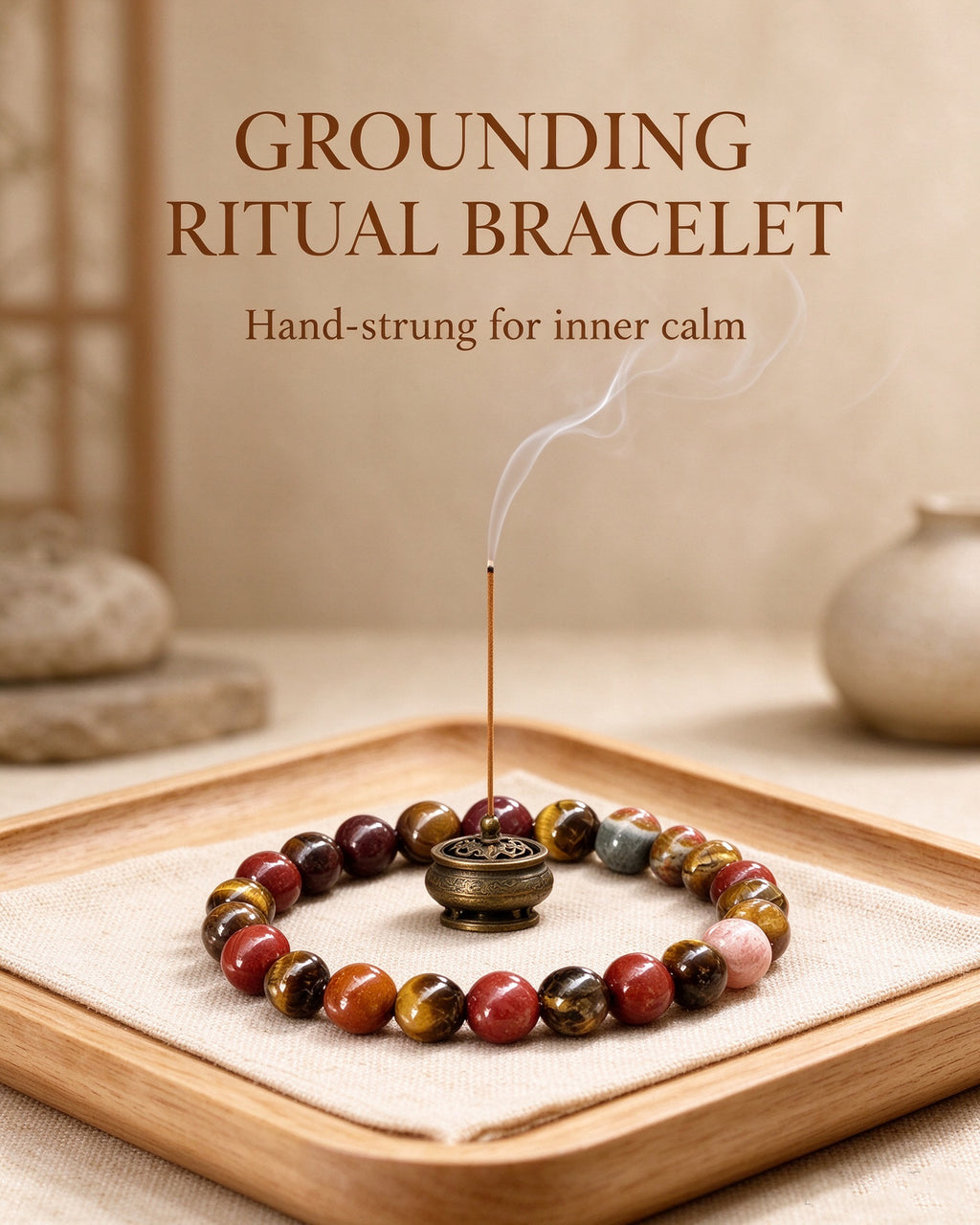Handmade natural stone zen bracelet for meditation, oriental mindful jewelry