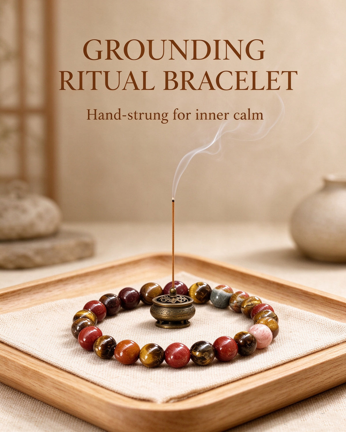 Handmade natural stone zen bracelet for meditation, oriental mindful jewelry