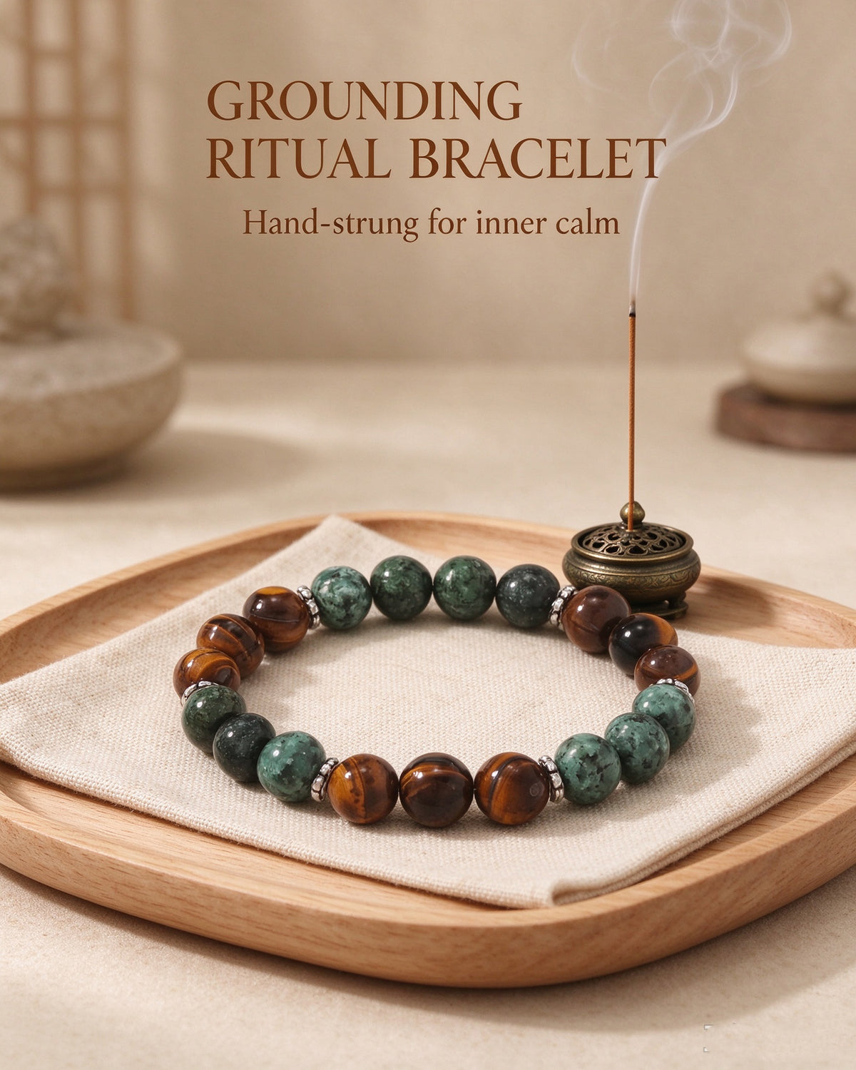 Handmade natural stone zen bracelet for meditation, oriental mindful jewelry