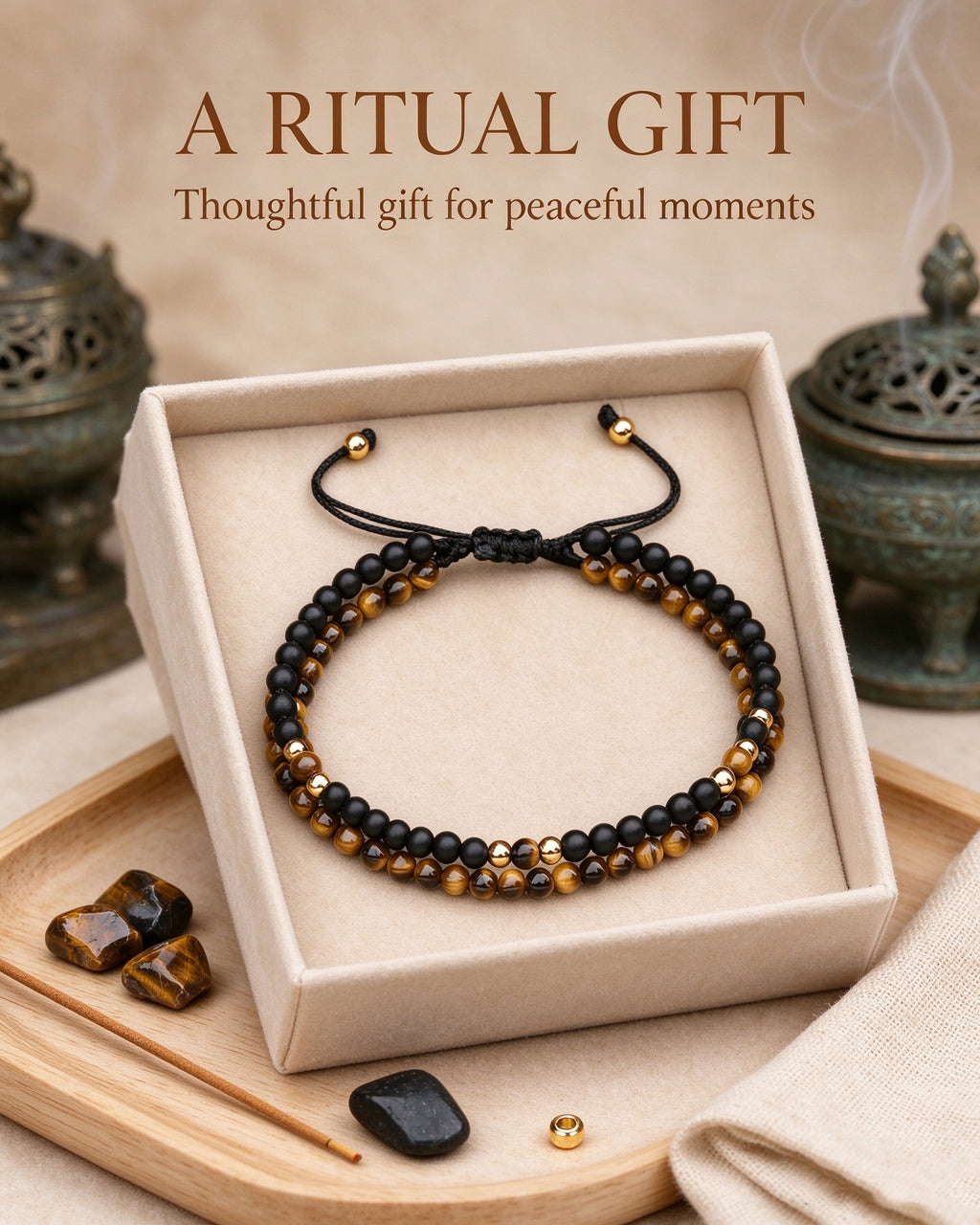 Handmade natural stone zen bracelet for meditation, oriental mindful jewelry