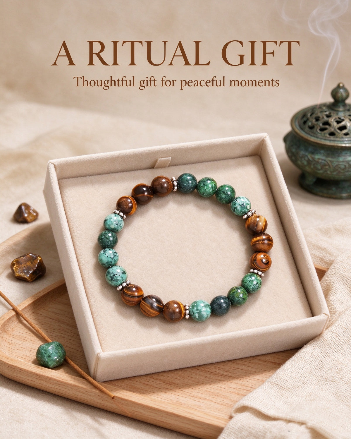 Handmade natural stone zen bracelet for meditation, oriental mindful jewelry