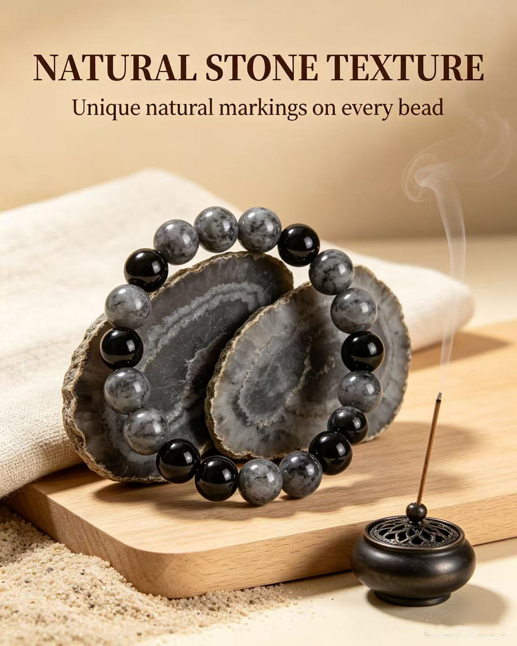Handmade natural stone zen bracelet for meditation, oriental mindful jewelry