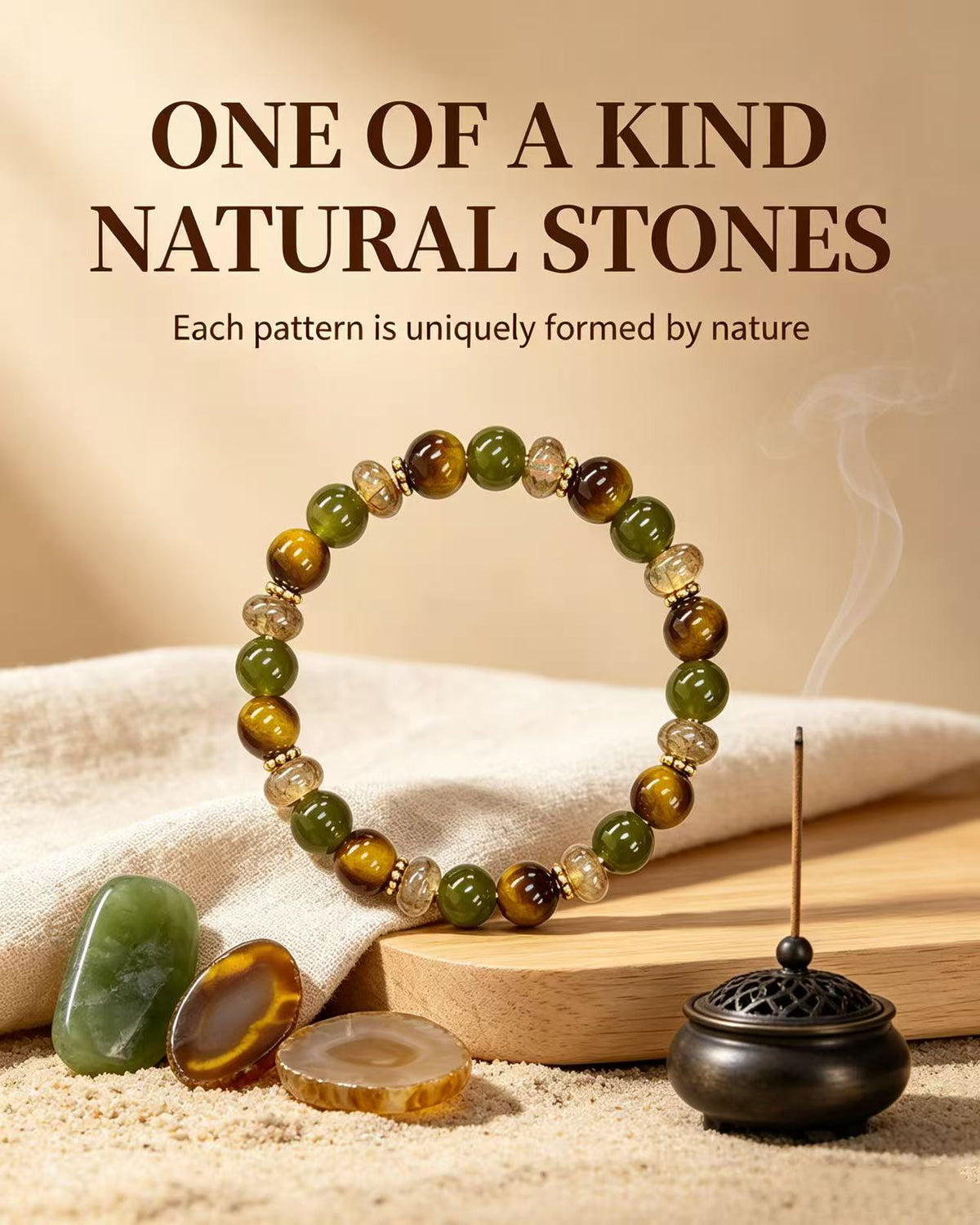 Handmade natural stone zen bracelet for meditation, oriental mindful jewelry